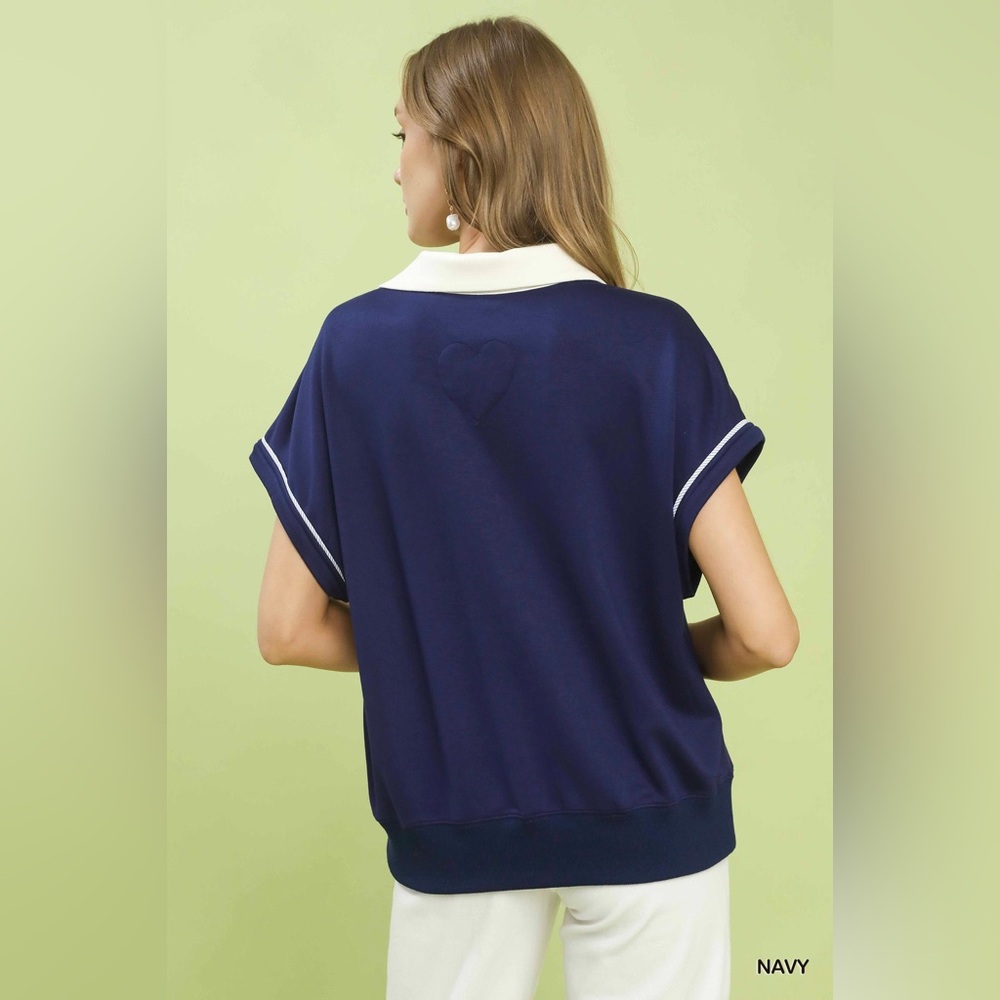 Umgee Contrast Collar Soft Knit Polo Top - Picture 3 of 5